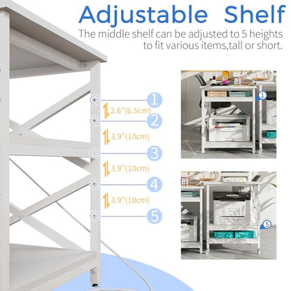 METYERRY Large Printer Stand with Power Outlet, with Height Adjustable Storage Shelf, 3 Tier Rolling Printer Cart with Industrial Wheels, 23.6 x 23.6 Inches Printer Table for Home Office, White - color: White