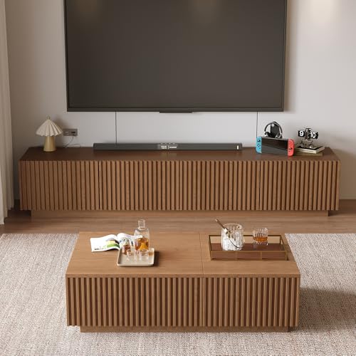 Walnut TV Stand and Lift-Top Coffee Table Set with Fluted Panel | Living Room Furniture Set, Walnut Finish, Adapts to Mid-Century Modern and Contemporary Home Styles