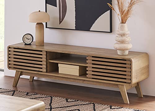 mopio Ensley 59" TV Stand with Slatted Door, Mid Century Modern Entertainment Center for 55/60/65 inch TV, Farmhouse Media Console with Storage, Adjustable Shelves, Round Edges, Living Room (Oak) - color: Oak, size: 59 inch Low