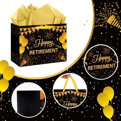 Hooqict Large Retirement Gift Bag Black Gold Happy Retirement Party Gift Bag with Handles, Wrapping Paper, Greeting Card for Men Women Coworker Teacher Farewell Going Away Party Favors - color: Retirement