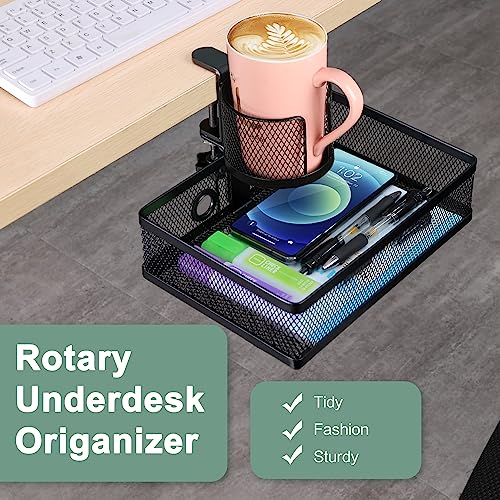 ROSYLINE 360°rotation under desk drawer, Drawer Under Desk Storage Organizer, Rotary Desk Storage Organizer with Cup Holder, Clamp Drawer Basket, sturdy and durable (black) - color: Black