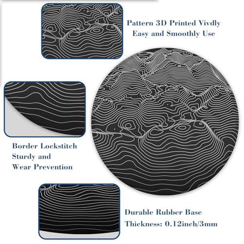 3D Contour Topographic Map Mouse Pad Round Mouse Mat, Non-Slip Rubber Base Mousepad with Stitched Edge for Wireless Computer Laptop Office Desk Accessories 8 x 8 Inches - color: 3D Contour Topographic Map