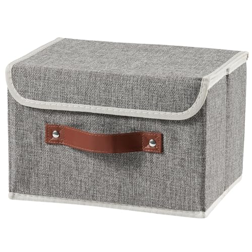 Storage Boxes with Lid Cotton Linen Fabric Storage Bins Organizer Container Decorative Collapsible Washable Shelf Baskets Faux Leather Handles for Home Bedroom Closet (Gray, Small Size) - color: Gray, size: Small (Set of 1)