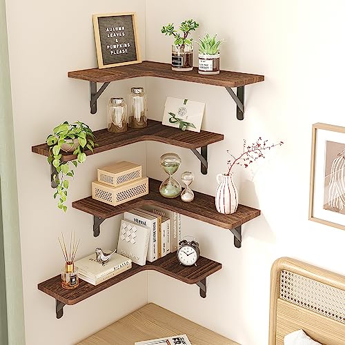 Fixwal Corner Floating Shelves for Wall Set of 5, Rustic Wood Wall Mounted Shelf for Bathroom, Kitchen, Bedroom, Home Decor, Laundry Room, Living Room (Dark Carbonized Black) - color: 2-dark Carbonized Black