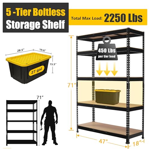 PrimeZone Heavy Duty Storage Shelves - 47"W x 18"D x 71"H 5 Tier Adjustable Garage Storage Shelving, Metal Storage Utility Rack Organizer Shelf Unit for Warehouse Pantry Closet Kitchen Basement, Black - size: 47"W x 18"D x 71"H