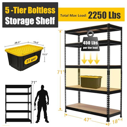 PrimeZone Heavy Duty Storage Shelves - 47"W x 18"D x 71"H 5 Tier Adjustable Garage Storage Shelving, Metal Storage Utility Rack Organizer Shelf Unit for Warehouse Pantry Closet Kitchen Basement, Black - size: 47"W x 18"D x 71"H