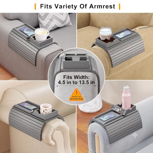 Bestjing Bamboo Couch Armrest Table, Sofa Arm Tray with Detachable Couch Cup Holder- 2 in 1 Anti-Slip Foldable Sofa Armchair Caddy Table for Drinks Cellphone TV Remote Snacks (Gray) - color: Gray, size: 16.3" x 13.3" x 2"