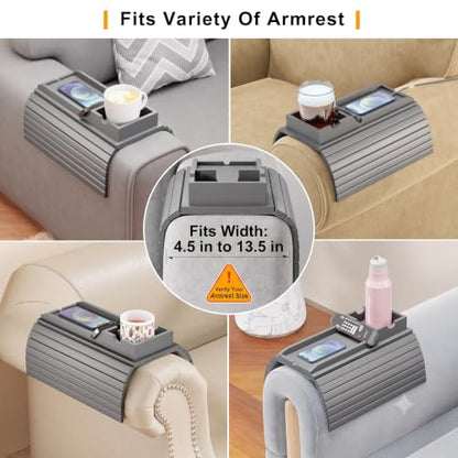 Bestjing Bamboo Couch Armrest Table, Sofa Arm Tray with Detachable Couch Cup Holder- 2 in 1 Anti-Slip Foldable Sofa Armchair Caddy Table for Drinks Cellphone TV Remote Snacks (Gray) - color: Gray, size: 16.3" x 13.3" x 2"