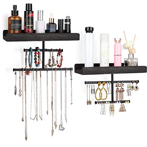 Keebofly Hanging Wall Mounted Jewelry Organizer with Rustic Wood Jewelry Holder Display for Necklaces Bracelet Earrings Ring Set of 2 Black,[Patented] - color: Black