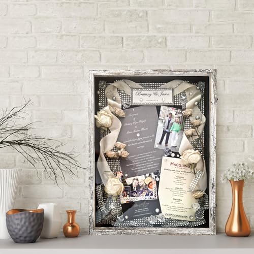GraduatePro Shadow Box Frame 18x24 Display Case with Linen Back, Plexiglass Window Door with Hinge, Picture Frame Wedding Bouquet Memorabilia Medals Photos Memory Box for Keepsakes Rustic White - color: Rustic White, size: 18"x24" (45.7x61.0 cm)