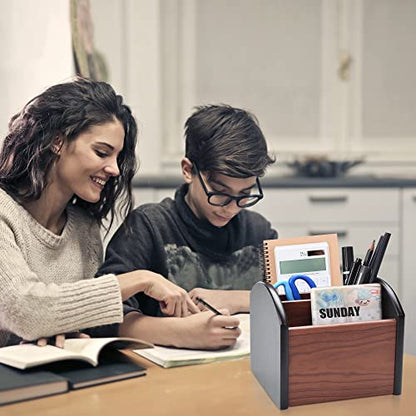 Siveit Wooden Desk Organizer, 4 Compartment Revolving Wood Desktop Organizer Office Supplies Rotating Remote Control Caddy Holder (Desk Organizer-4)