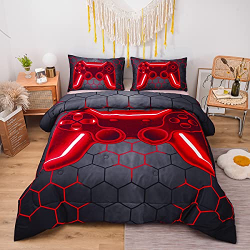 NTBED Game Console Comforter Set for Boys Girls Kids Geometric Lightweight Microfiber Bedding Sets (Red, Full 5Pcs) - color: Red, size: Full