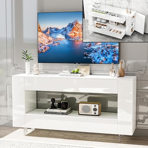 TV Stand Cabinet Up to 55 inch with Conceals Storage, High Gloss, Black | TV cabinet with 2 Push-Open doors and 2 drawers, entertainment center, storage cabinet, modern style, living room, office - color: High Gloss White, size: 55.12"W*13.78"D*27.56"H