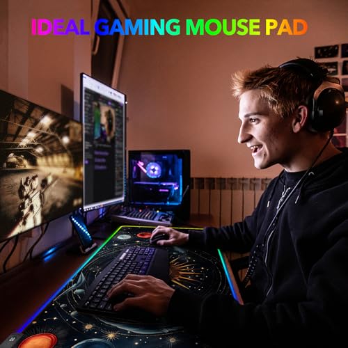AIMSA RGB Mouse Pad LED Gaming Mouse Pad with 14 Lights Modes, Non-Slip Rubber Base Computer Carpet Desk Mat for PC Laptop (35.4 x 15.8 inch) Abstract Solar System - color: Abstract Solar System