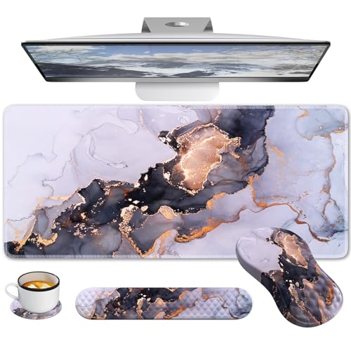 Desk Pad Mat, Large Mouse Pad with Wrist Rest, Ergonomic Keyboard Wrist Support, XXL Carpal Tunnel Mousepad Set with Coaster, Computer Keyboard Matt for Laptop Desktop, White Gray Marble - color: Marble White Grey Gold