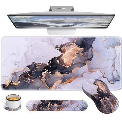 Desk Pad Mat, Large Mouse Pad with Wrist Rest, Ergonomic Keyboard Wrist Support, XXL Carpal Tunnel Mousepad Set with Coaster, Computer Keyboard Matt for Laptop Desktop, White Gray Marble - color: Marble White Grey Gold