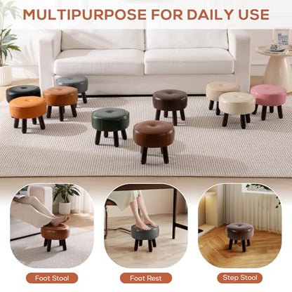 oakvivo Small Foot Stool, Round Faux Leather Pouf Ottoman Foot Rest, Footstool Ottomans with Rubber Legs Under Desk, 13''L x 13''W x 10.2''H, Footrest for Couch, Living Room, Bedroom, Hallway, Brown - color: Brown