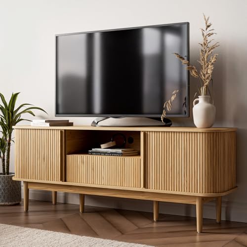 MAISONARIA 63" Tambour TV Stand, Fluted TV Stand for TVs up to 70'', Modern Entertainment Center with Storage, Wood Media Console with Sliding Doors for Living Room, Natural - color: Oak