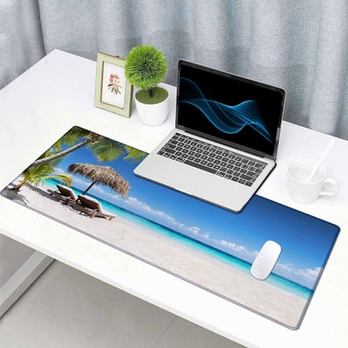 Gaming Mouse Pad, XXL Extended Computer Keyboard Long Mouse Mat, Large Desk Pad for Office Laptop, Non-Slip Rubber Base with Stitched Edge Mousepad, 35.4X15.7 inch Tropical Palm Sea and Beach - color: Tropical Palm Sea and Beach, size: 35.4" x 15.7"