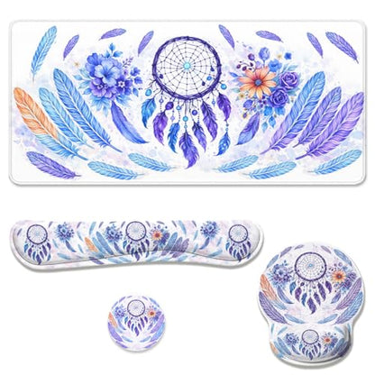 Boho Dreamcatcher Desk Mat Set Watercolor Purple Feather Floral Mouse Pad with Wrist Rest 4in1 Desk Mat for Desktop Ergonomic Computer Desk Arm Wrist Anti-Slip Computer Mouse Pad Home Office Gaming - color: Boho Dreamcatcher