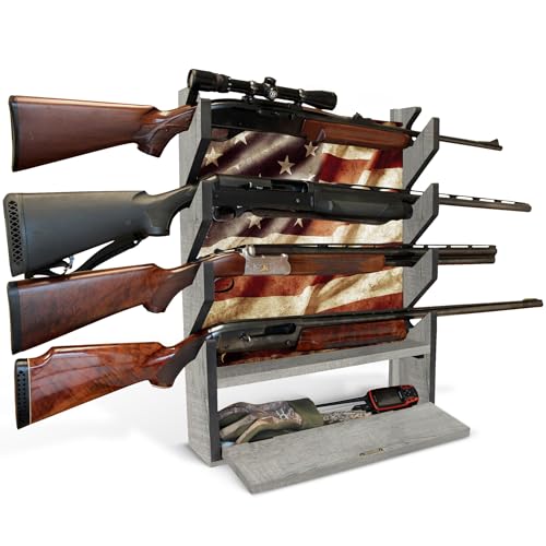 Rush Creek Creations Gun Rack, Wall Mount Gun Rack for Rifles or Shotguns, Patriotic American Flag Design, Additional Storage for Gun Accessories - color: Barn Wood - Red/White/Blue