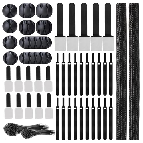 137PCS Cable Management Kit 4 Cable Sleeve Split 100 Cable Zip Ties 10 Cable Clips 15 Adhesive Wall Cable Tie 10 Cable Zip Tie for TV Computer Office Home Under Desk - color: Black