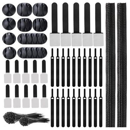 137PCS Cable Management Kit 4 Cable Sleeve Split 100 Cable Zip Ties 10 Cable Clips 15 Adhesive Wall Cable Tie 10 Cable Zip Tie for TV Computer Office Home Under Desk - color: Black