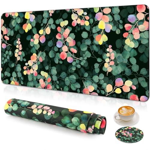Large Gaming Mouse Pad with Coaster,Desk Matt for Desktop,Desk Mat-Tree | Desk Pad,XXL Cute Desk Mat Cover for Computer Keyboard Laptop Women Office Home Decor, 31.5'' x15.6'' - color: C5-Leaves 10