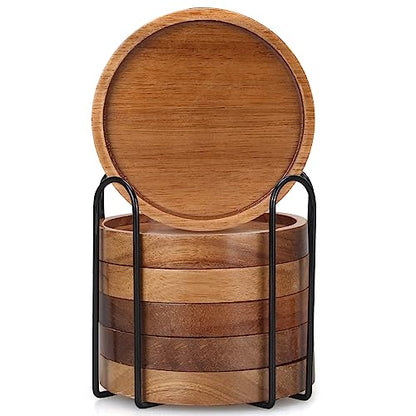 6 Pcs Best Wooden Coasters with Holder Coffee Table Decor Acacia Wood Coaster Set Modern Cup Coaster for Drink Home Dining Table Kitchen Accessories Cute Beer Bar Decorative Rustic Outdoor Coasters - style: 6 Pcs round