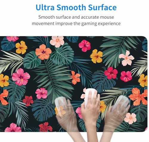 Gaming Mouse Pad, Large Mouse Pads for Desk, Non-Slip Rubber Base Mousepad, Keyboard Mouse Mat, Desk Pad with Stitched Edges, 31.5x15.7 inch Hibiscus Flowers and Palm Leaves - color: Hibiscus Flowers and Palm Leaves, size: 31.5L x 15.7W inches