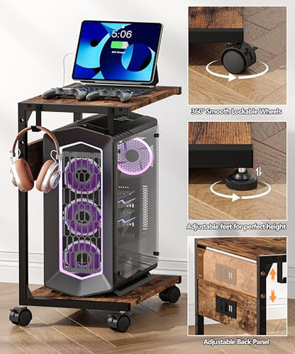 Akxomel 2 Tier Computer Tower Stand with Charging Station, 11.8" D x 16.5" W Rolling Floor PC Tower Stand Fits Under Desk, CPU Holder Cart for Carpet with Hooks, C Shaped End Table for Home Office - color: Rustic Brown