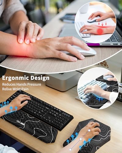 Ergonomic Mouse Pad and Keyboard Wrist Rest Support Set, Massage Design Mousepad for Carpal Tunnel Pain Relief, Memory Foam, Non-Slip PU Base for Computer Desk, Topographic Contour - color: Topographic