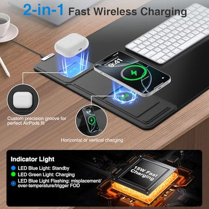 Wireless Charging Mouse Pad with Foldable Phone Holder, 31.5"x15.8" Extended Desk Mat for Laptop/Keyboard, Waterproof Ultra-Smooth Surface, Non-Slip Base & 20W PD Adapter, Black - color: Black-Phone Holder-31.5"x15.8"(with Wall Charger)