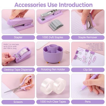 SKYDUE Purple Office Supplies Set, Purple Office Desk Accessories 10PCS, Pencil Holder for Desk, Stapler, Tape Dispenser, Scissors, Ruler, Binder/Paper Clips and 1000pcs Staples,Desk Supplies Set - color: Purple