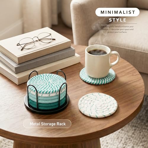 Lazebox Coasters Set of 8 for Drinks, 4 Inch Large Coasters for Coffee Table, Tabletop Protection for Hot & Cold Drinks, Versatile Coasters for Home Decor, Non-Slip & Easy to Clean, Green - color: Green