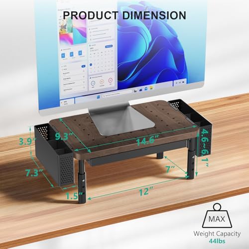 WALI Plastic Computer Monitor Stand with Storage, Desk Organizer with Drawer and Pen Holder, Desk Monitor Riser 3 Height Adjustable, Laptop Riser for Computer, Laptop, Printer(PTT003-C), 1 Pack, Brown - color: Brown, size: 14.6"L * 9.3"W,11" 1 Drawer, 2 P