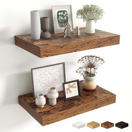 Fun Memories Floating Shelves for Wall - 10 x 16 Floating Shelf - Rustic Wood Storage Shelf - Wall Shelves with Invisible Bracket - 16" Bookshelves for Living Room & Bedroom - Rustic Brown - Set of 2 - color: Brown Color, size: 16W x 10D x 1.5H