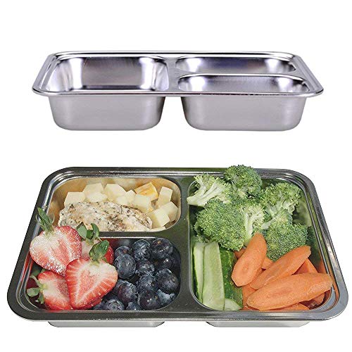 Set of 2 Stainless Steel Divided Plates Tray 3 Sections Diet Food Control Dinner Plate for Adults - Unbreakable Metal Plate for Campers Portion Control Reusable Plate - size: 9.45 x 6.69 Inch (3 Sections)
