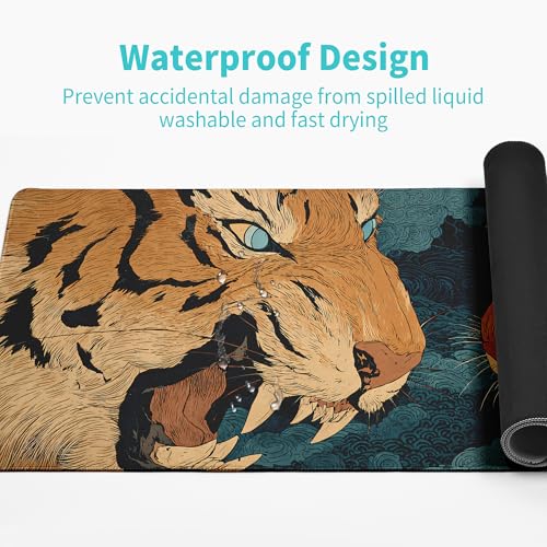 Tiger Gaming Mouse Pad Abstract Yellow Mouse Pad 31.5x11.8 Inch Fierce Claws and Teeth Non-Slip Rubber Base Large Mousepad Stitched Edges Keyboard Mouse Mat Desk Pad for Office and Home - color: Tiger