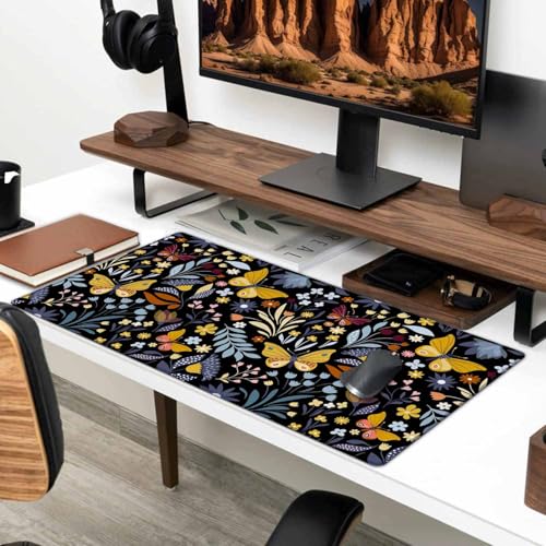 Mouse Pad Gaming, Large Mouse Pads for Desk, Keyboard Mouse Mat Desk Pad, Non-Slip Rubber Base with Stitched Edges Mousepad, 31.5x15.7in Butterflies and Flowers - color: Butterflies and Flowers, size: 31.5L x 15.7W inches