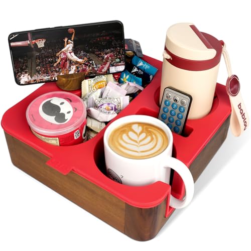 Couch Cup Holder Tray, Real Acacia Wooden Caddy with Soft Silicone, Snack and Drink Organizer- Perfect Movie Night Accessories for Bed, Remote and Cup Holders for Sofa (Red) - color: Red