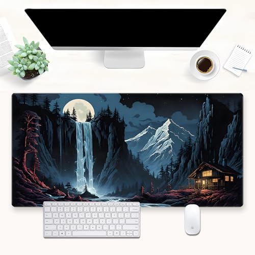 Full Moon Anime Desk Mat, Waterfall Mountain Extended Gaming Mouse Pad XL | Scenic large desk mat featuring a magical full moon, glowing waterfall, and snowy peaks. Perfect for cozy setups. - color: Full Moon