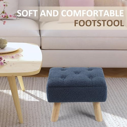 OGEMXU Storage Ottoman, Small Foot Stool Ottoman with Storage, Boucle Teddy Velvet Foot Rest with Padded Seat, Sturdy Wood Legs Stool for Living Room, Bedroom, Couch, Enterway (Dark Blue) - color: Dark Blue
