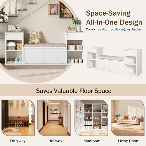 JIJIWANG 77.48" W Entryway Storage Bench with Cushion, 4-in-1 Hallway Bench with Drawers, Compartments and Open Shelves, Mudroom Bench for Shoes and Storage, White - color: White