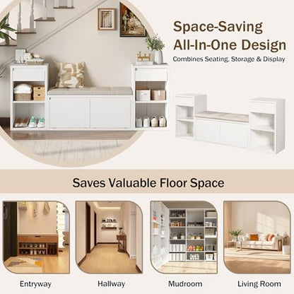 JIJIWANG 77.48" W Entryway Storage Bench with Cushion, 4-in-1 Hallway Bench with Drawers, Compartments and Open Shelves, Mudroom Bench for Shoes and Storage, White - color: White