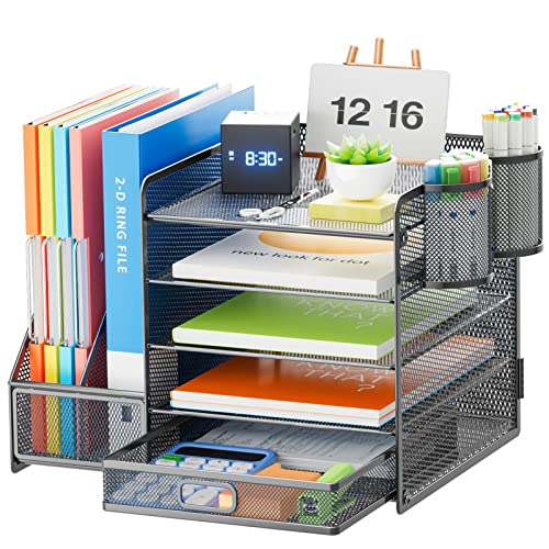 Marbrasse 5-Tier Paper Letter Tray Organizer with Drawer and Pen Holder, Mesh Desktop Organizer and Storage with Magazine Holder for Office Supplies (Grey) - color: Gray