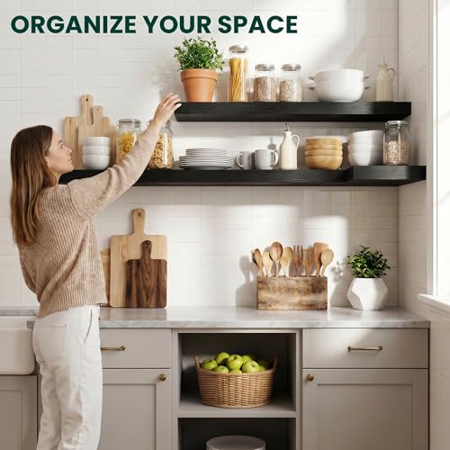 Floating Shelves for Wall 36 in x 9.3 in Deep, Wall Mounted Rustic Wood Shelf with Invisible Brackets for Storage & Display, Living Room Bedroom Bathroom, Black, 2 Pack - color: Black, size: 36 Inch, 2 pack