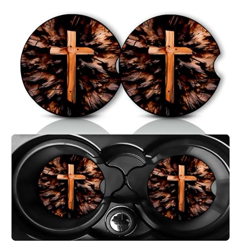 2 Pack Bible Cross Car Cup Holder Coasters Neoprene Anti Slip Rubber Mat | Christian Cross Car Accessories Interior Decor 2.75" Universal Size Insert Auto Coasters Religious Gifts for Women Men - color: Bible Cross