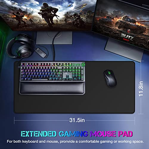 ETZ Large Gaming Mouse Pad,31.5 x 11.8 × 0.12 in with Stitched Edges,Extended Mousepad,Durable Non-Slip Natural Rubber Base,Washable Keyboard Pad,Desk Pad for Gamer,Office & Home,Black. - color: Black