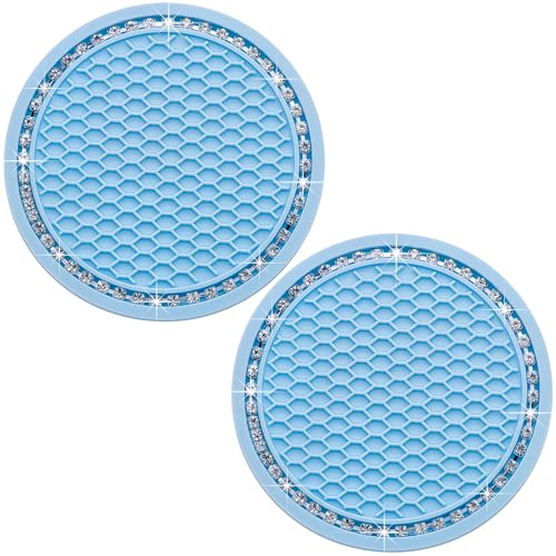 2PCS Bling Cup Holder Coaster, 2.75 Inch Auto Car Cup Holder Insert Coasters, Soft Silicone Anti-Slip Shockproof, Universal Vehicle Interior Accessories for Women Girls (Light Blue & White) - color: Light Blue & White, size: 2 pcs